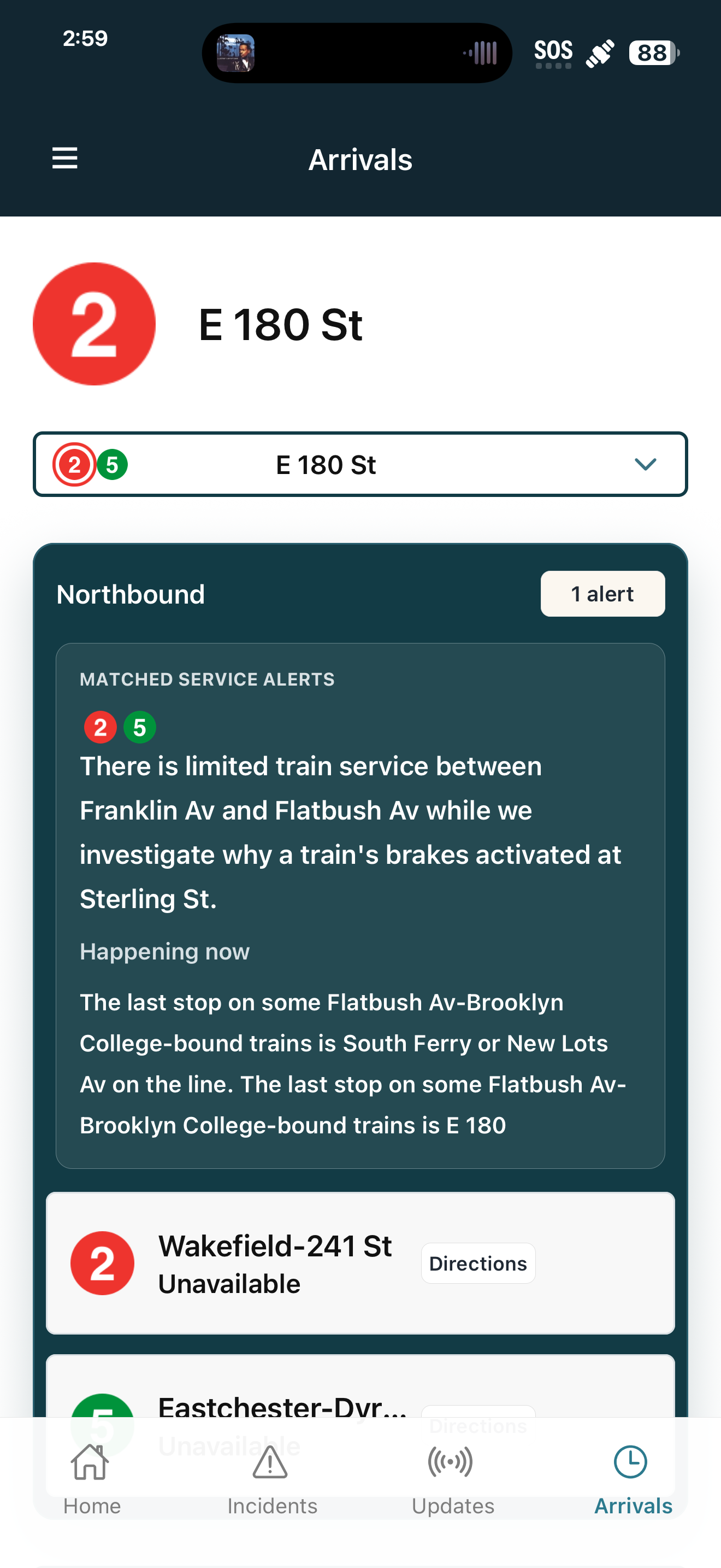 Arrivals screen showing matched service alerts