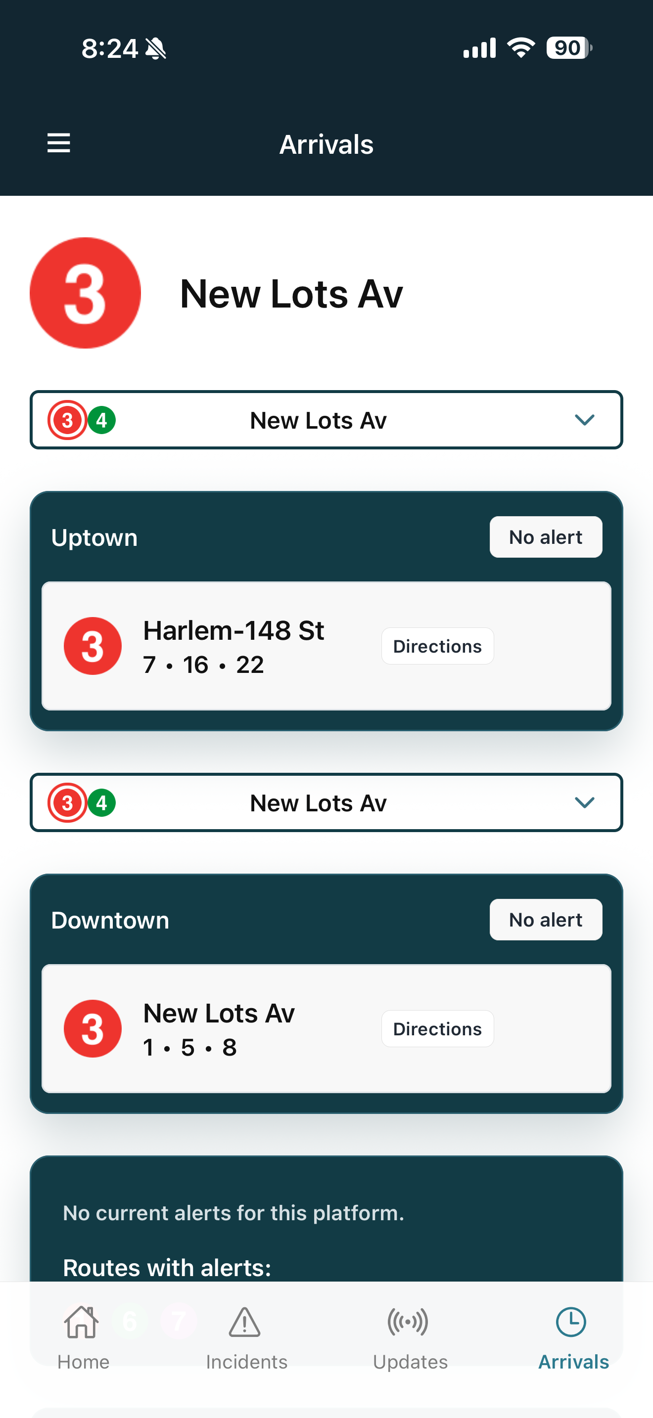 Arrivals screen for New Lots Av showing uptown and downtown train times