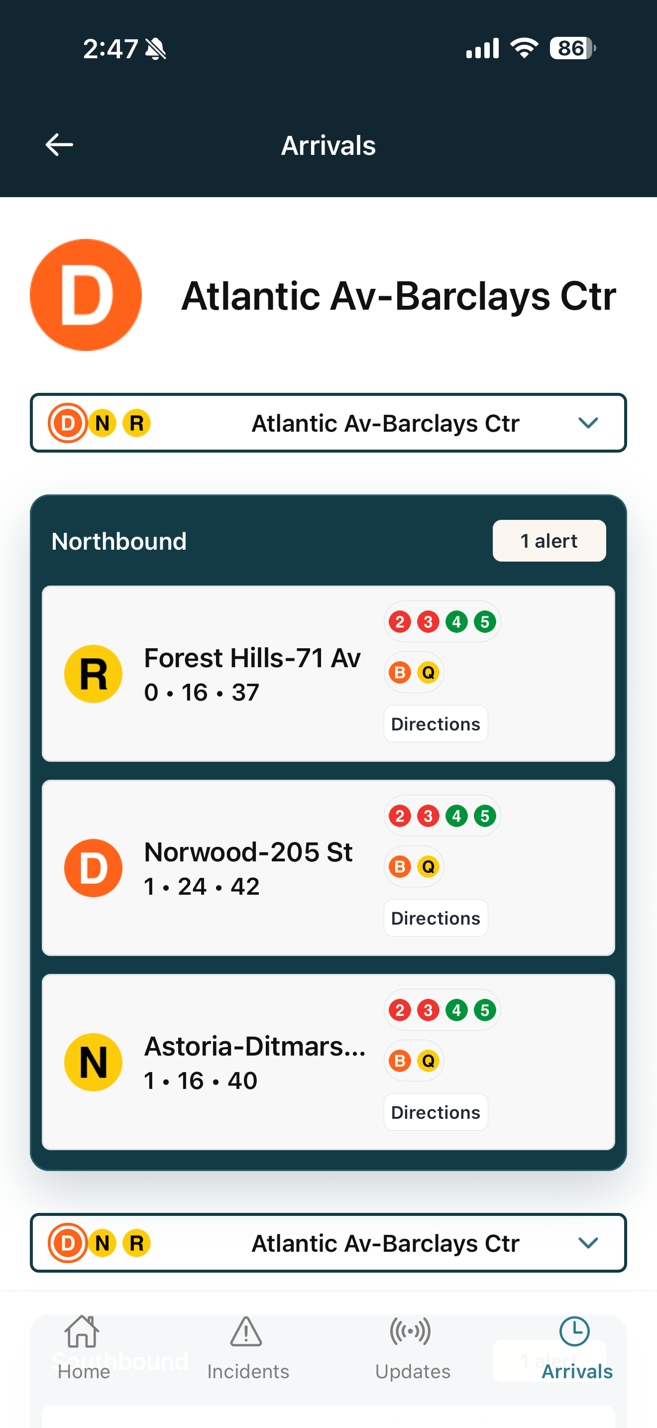 Commuter Eye arrivals screen with train times and matched alerts